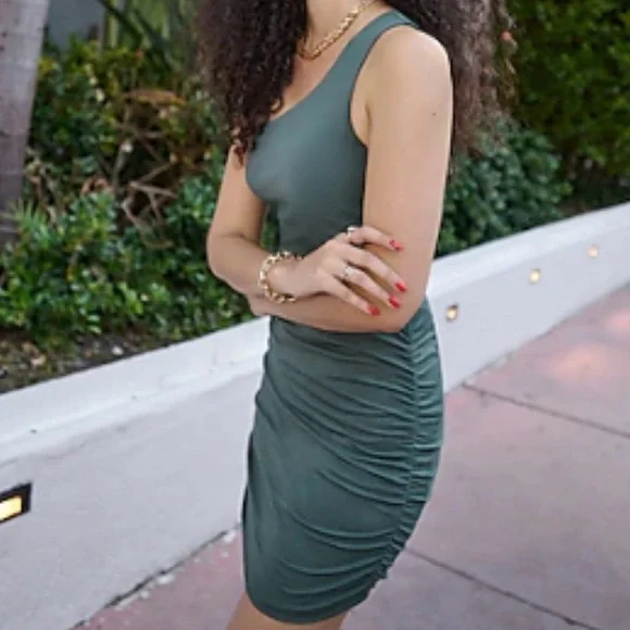 green emerald velvet dress Katrin Green One Shoulder Ruched Maxi Dress, L / Green main image 0